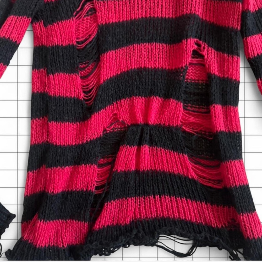 Striped Distressed Knit Sweater - Red & Black - Picture 2 of 4
